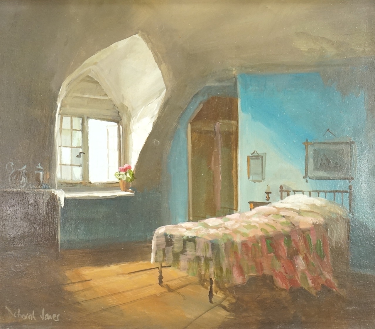 Deborah Jones (contemporary), Flowers on windowsill, signed, oil on board, details verso, 21 x 24cm
